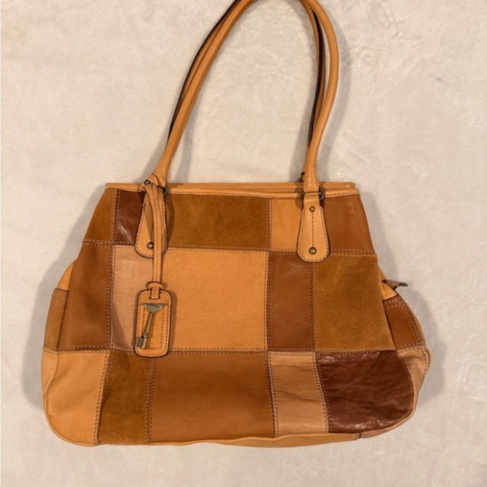 Patchwork Leather Tote Bag - Tan and Brown